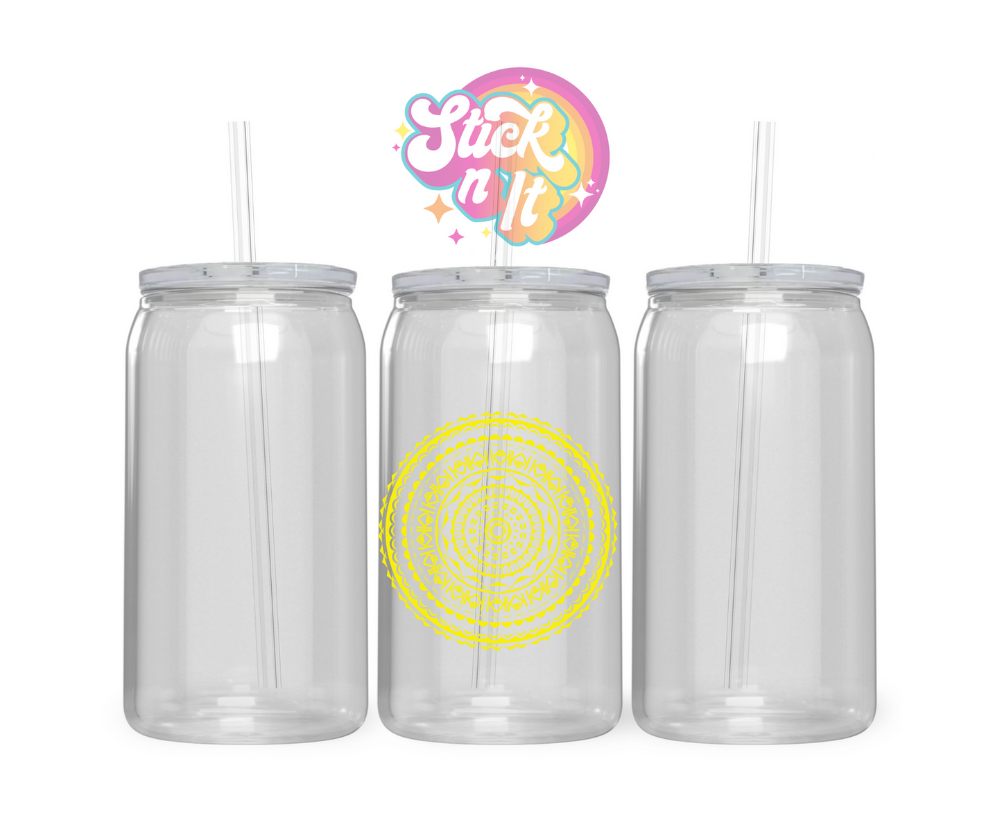 Acrylic cup featuring a round Polynesian Cook Islands design in yellow