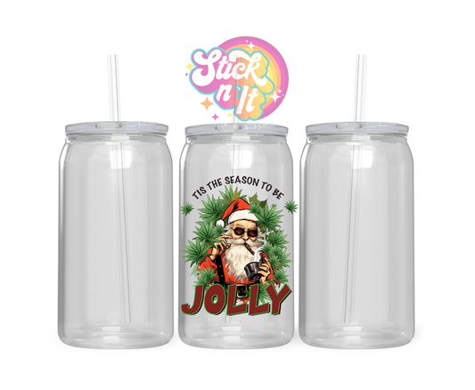 420 themed stainless steel insulated tumbler featuring Santa and cannabis and quote Tis the season to be jolly