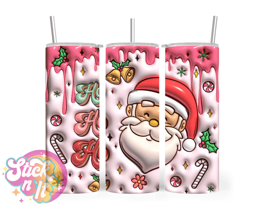 Stainless steel insulated Christmas tumbler featuring Santa and quote Ho Ho Ho