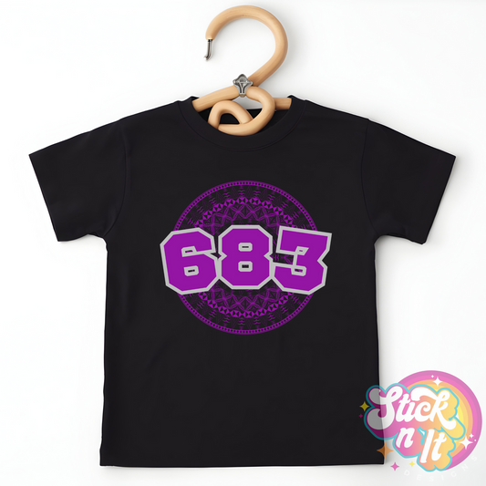 Kids size black shirt featuring a Polynesian Niue design with area code 683 in purple.