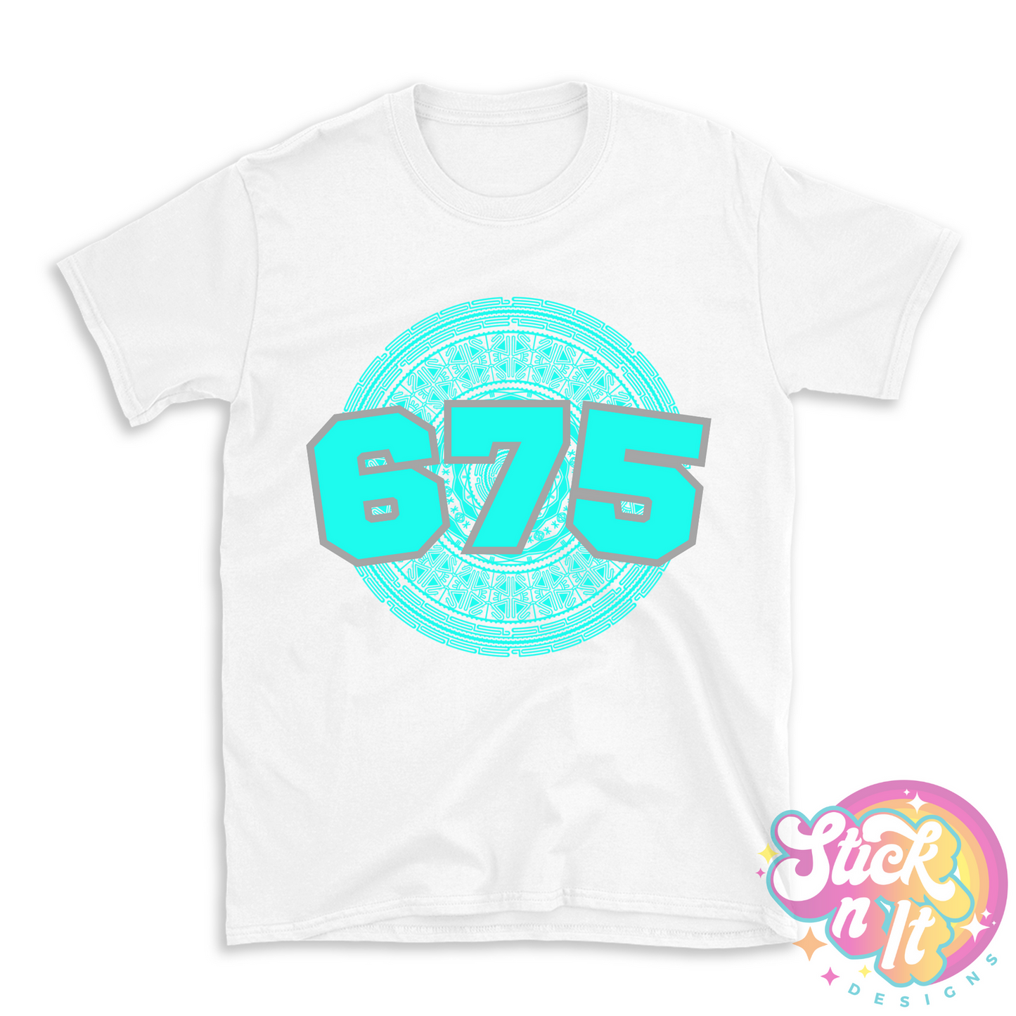 White shirt featuring a Pacific Islands Papua New Guinea design with area code 675 in aqua.