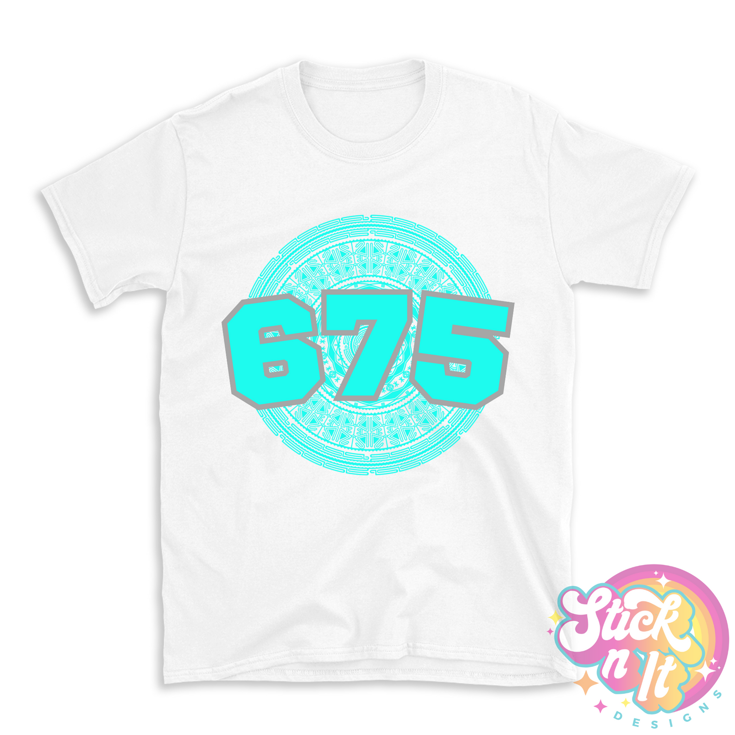 White shirt featuring a Pacific Islands Papua New Guinea design with area code 675 in aqua.
