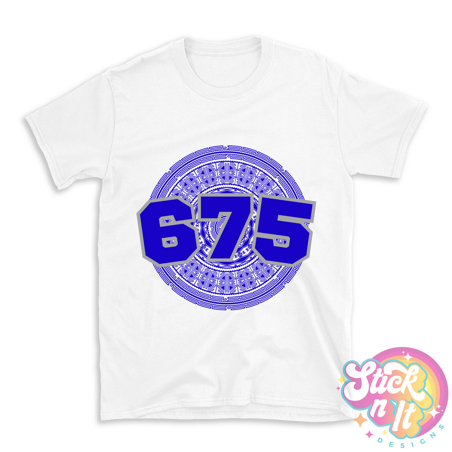 White shirt featuring a Pacific Islands Papua New Guinea design with area code 675 in blue.