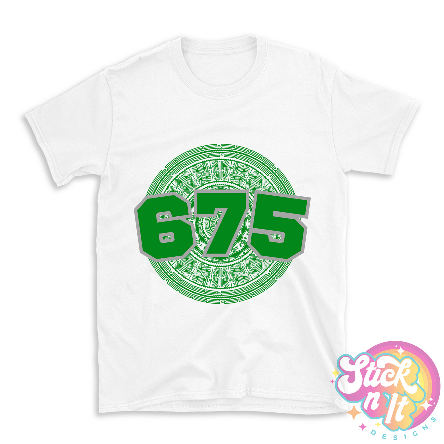 White shirt featuring a Pacific Islands Papua New Guinea design with area code 675 in green.