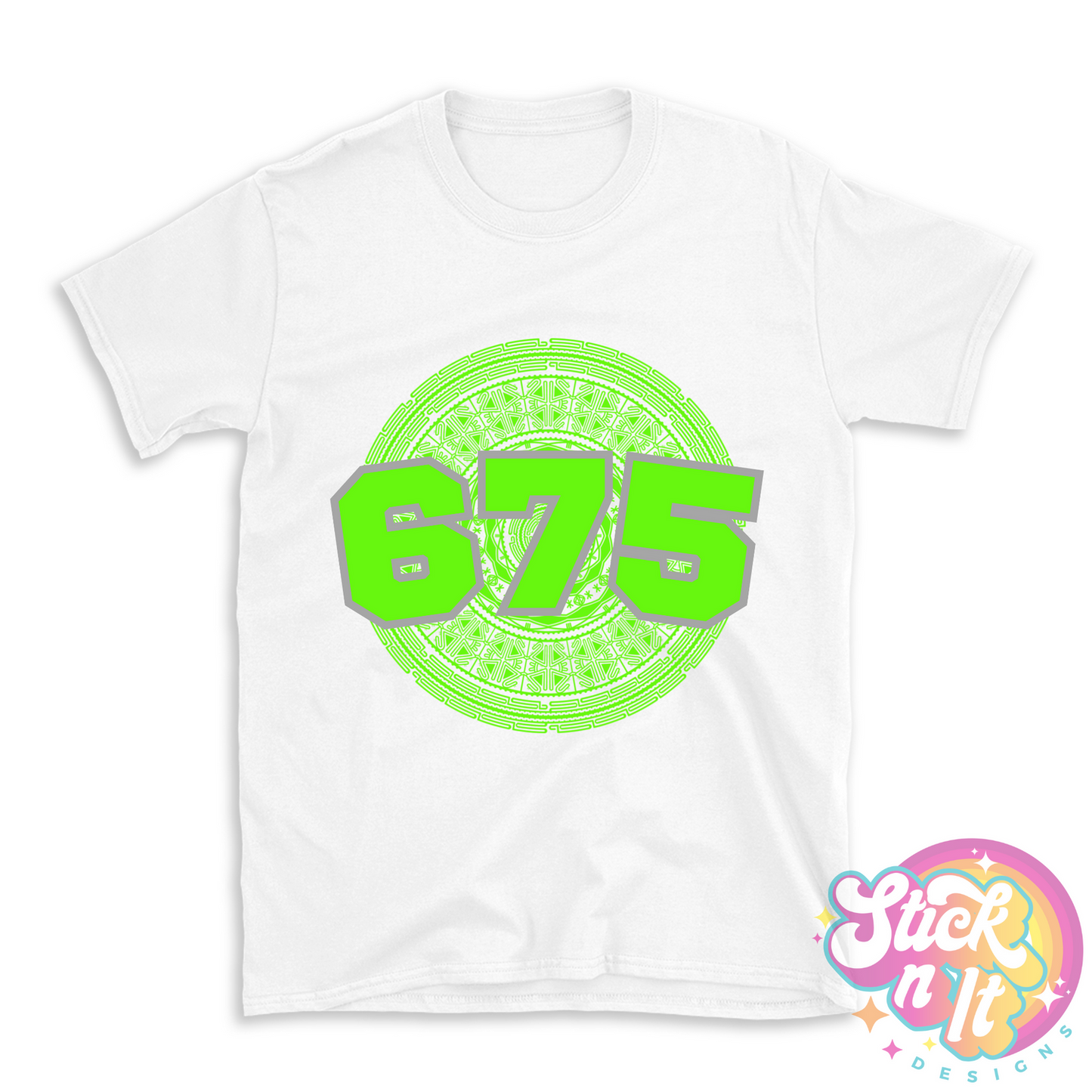 White shirt featuring a Pacific Islands Papua New Guinea design with area code 675 in lime.