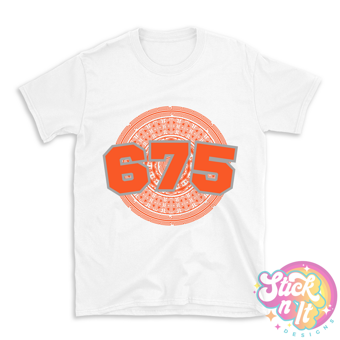 White shirt featuring a Pacific Islands Papua New Guinea design with area code 675 in orange.