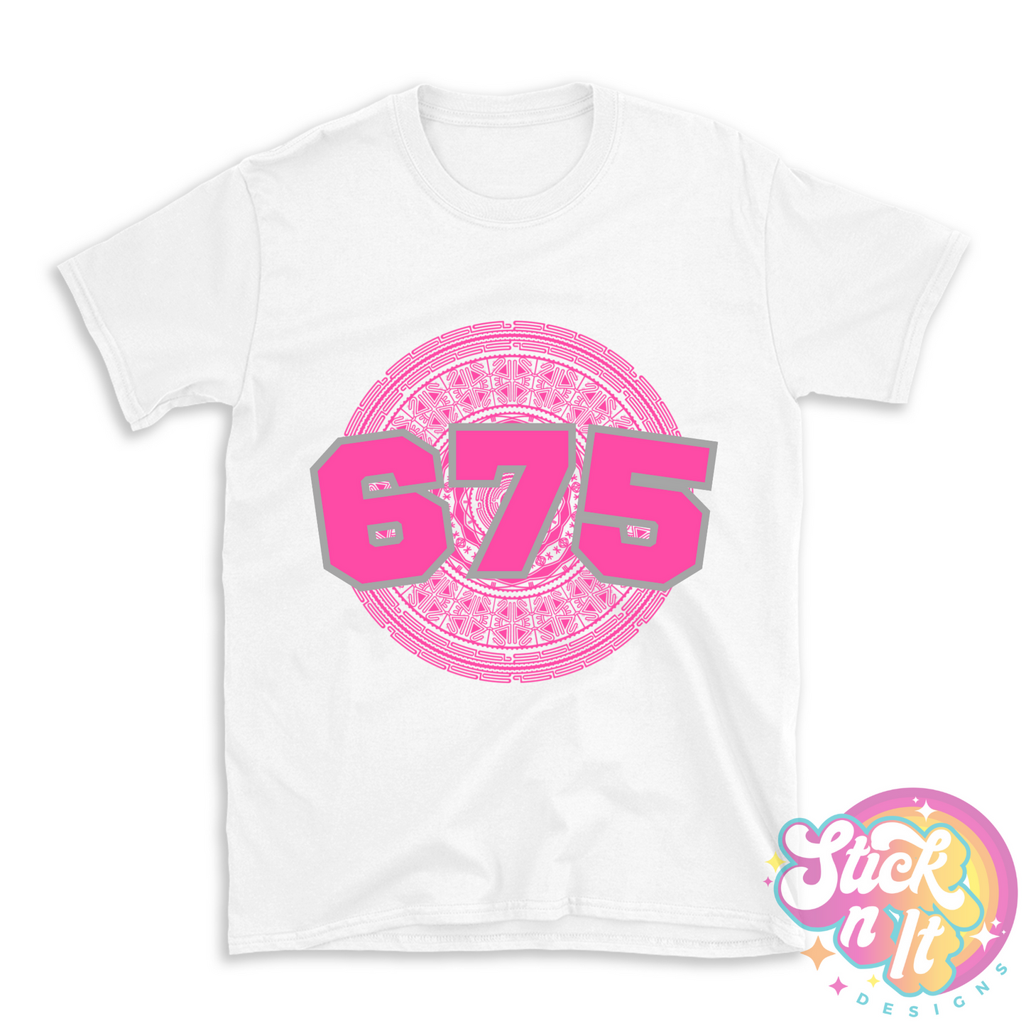 White shirt featuring a Pacific Islands Papua New Guinea design with area code 675 in pink.