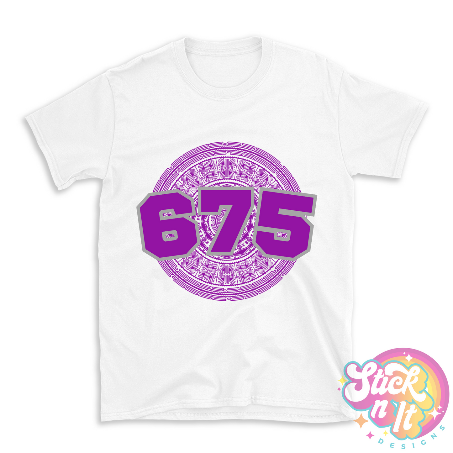 White shirt featuring a Pacific Islands Papua New Guinea design with area code 675 in purple.