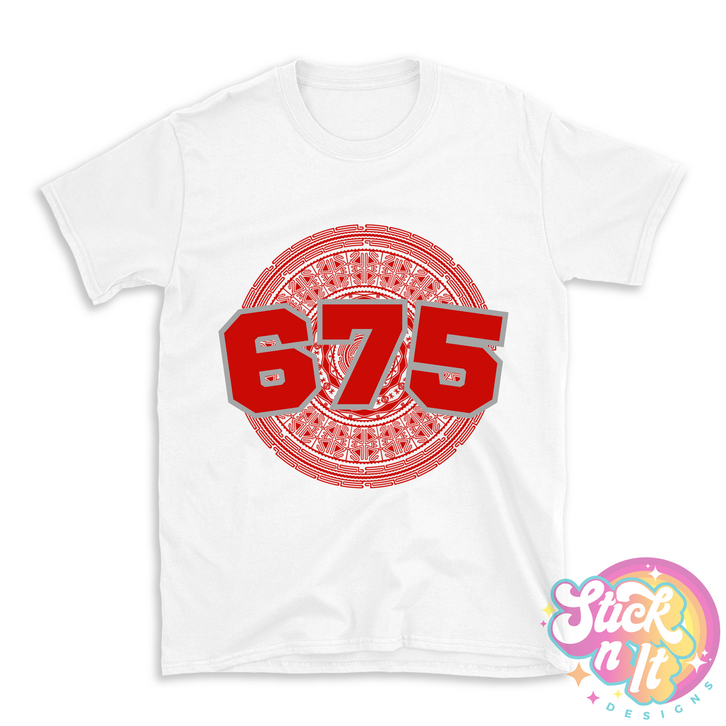 White shirt featuring a Pacific Islands Papua New Guinea design with area code 675 in red.