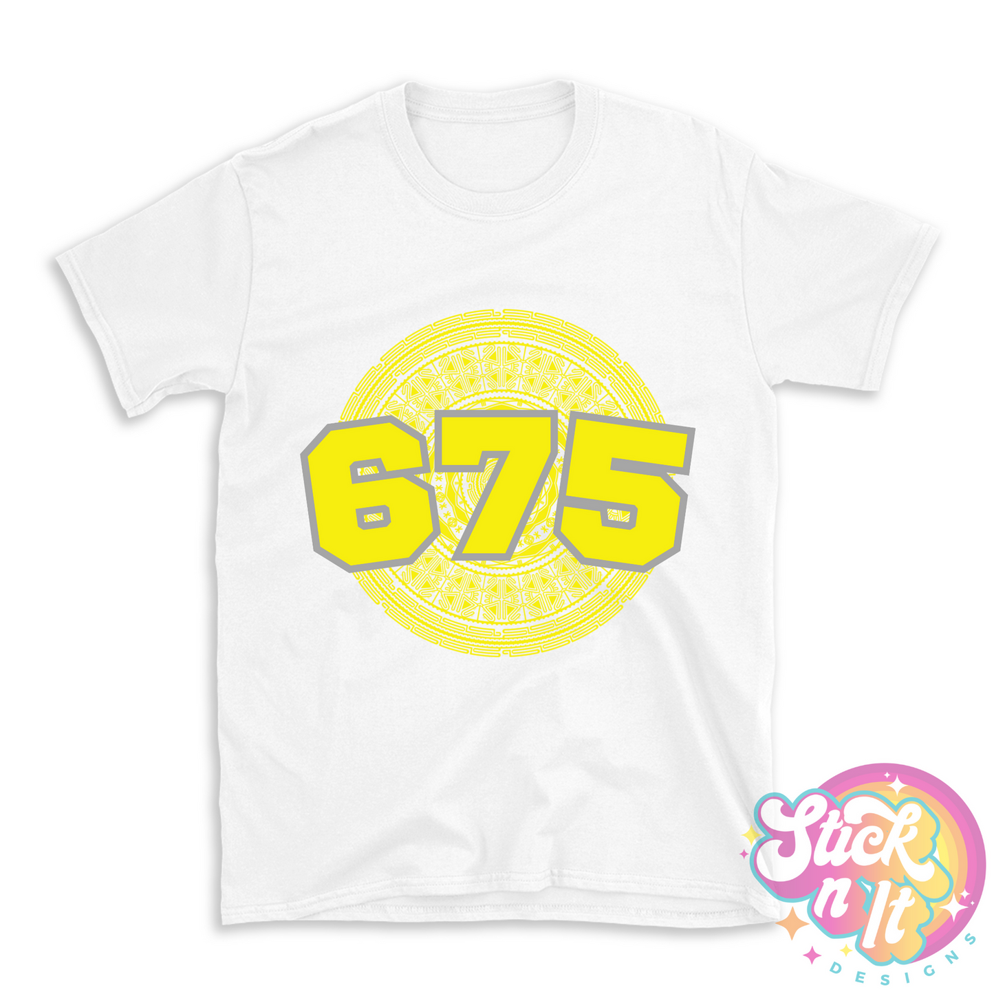 White shirt featuring a Pacific Islands Papua New Guinea design with area code 675 in yellow.