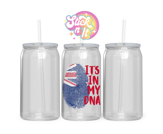 Acrylic cup with watercolour style fingerprint shaped Aotearoa flag with quote It's in my DNA 