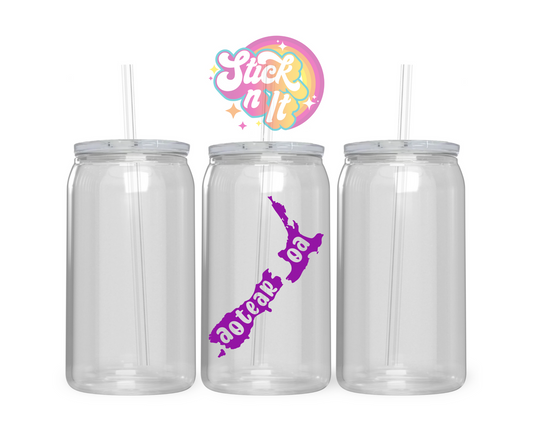 Acrylic cup featuring an Aotearoa inspired map in purple