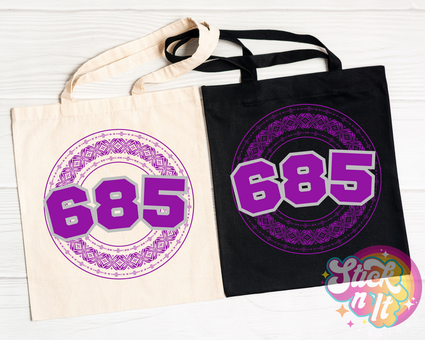 Black and natural coloured tote bags featuring a Polynesian Samoa design and area code 685 in purple.