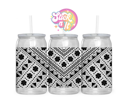 Acrylic cup featuring a Pacific Islands Fiji wrap design in black