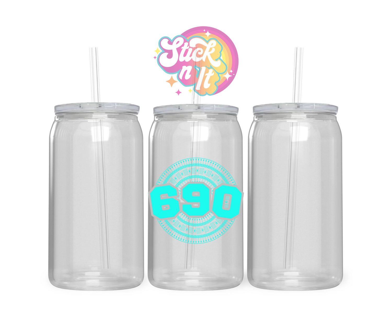 Acrylic cup featuring a Polynesian Tokelau design with area code 690 in aqua