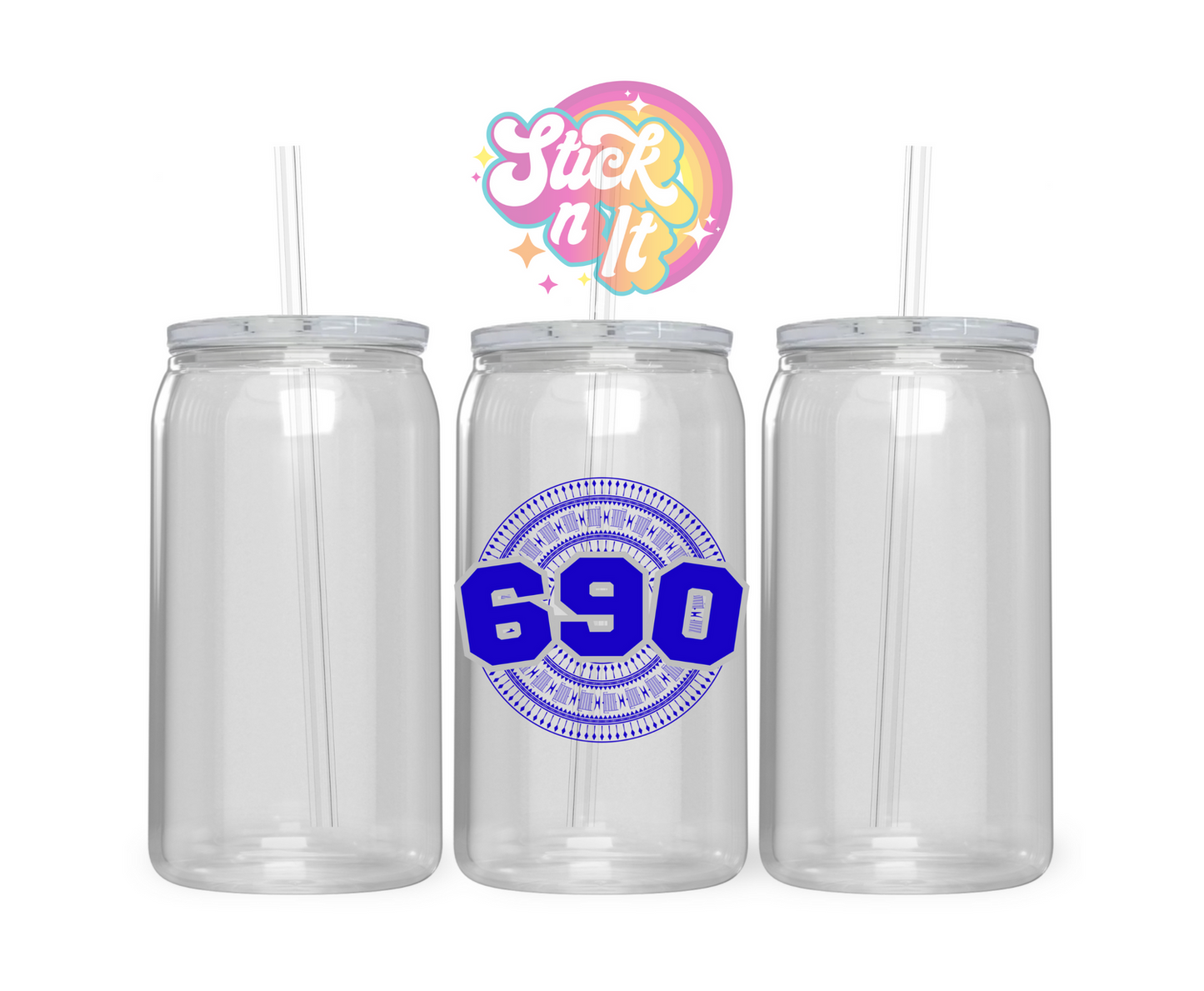 Acrylic cup featuring a Polynesian Tokelau design with area code 690 in blue