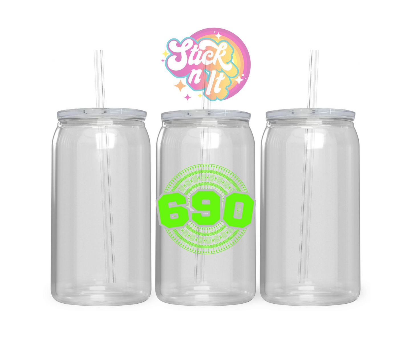 Acrylic cup featuring a Polynesian Tokelau design with area code 690 in lime