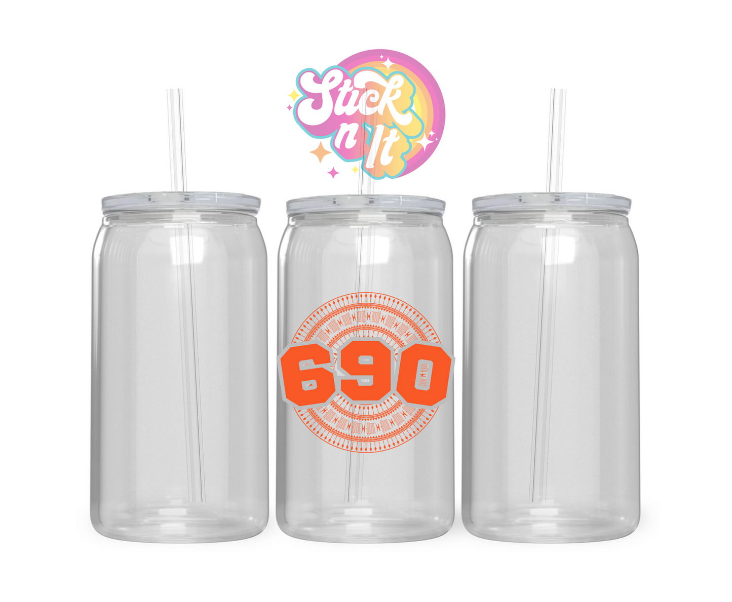 Acrylic cup featuring a Polynesian Tokelau design with area code 690 in orange