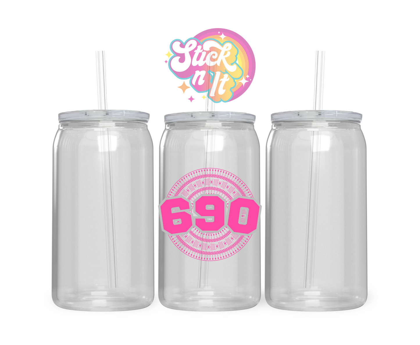 Acrylic cup featuring a Polynesian Tokelau design with area code 690 in pink