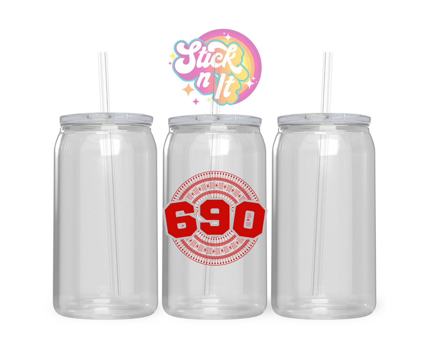 Acrylic cup featuring a Polynesian Tokelau design with area code 690 in red