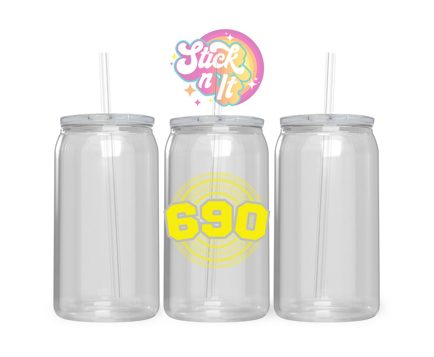 Acrylic cup featuring a Polynesian Tokelau design with area code 690 in yellow