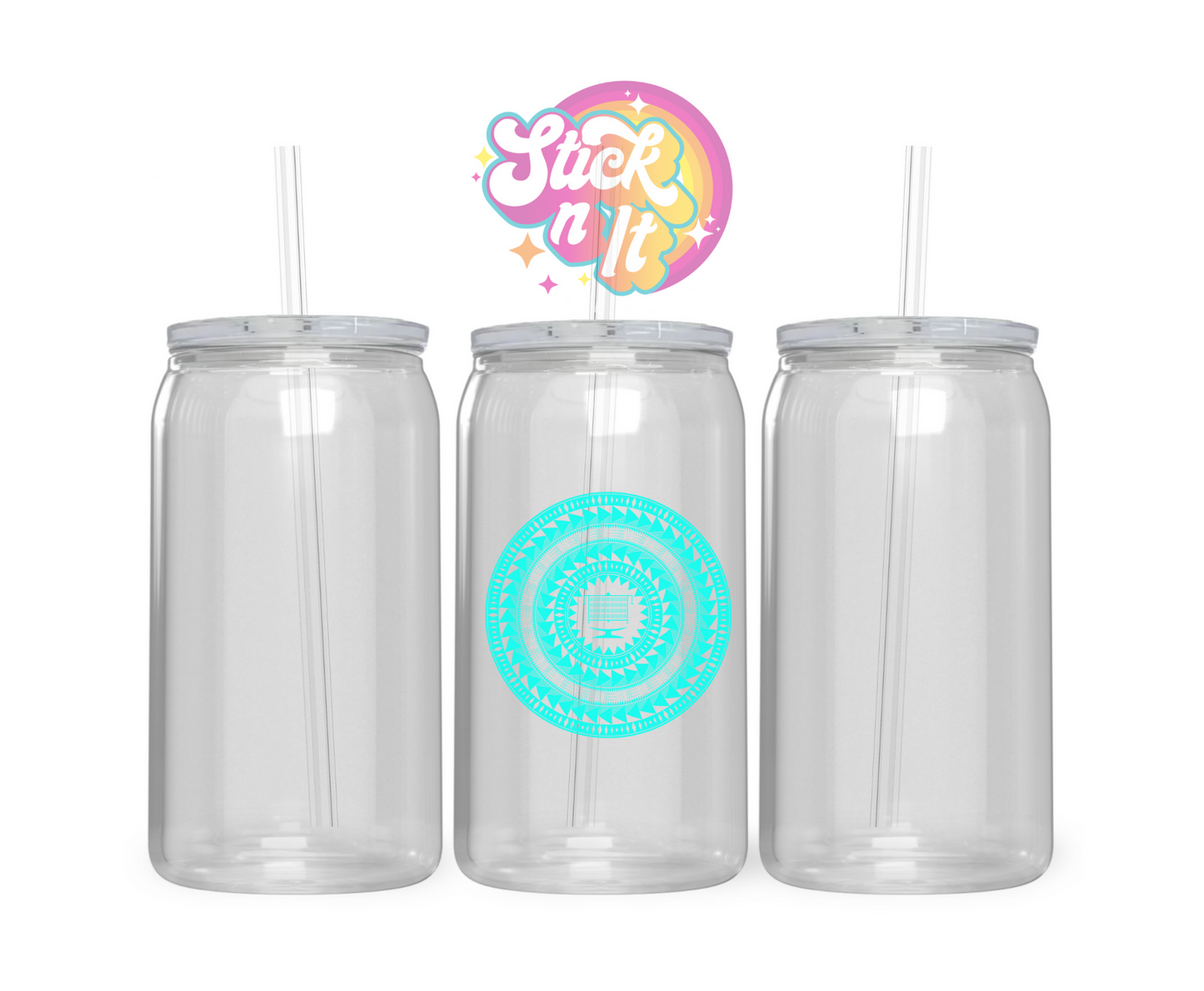 Acrylic cup with straw featuring a round Pacific Islands Tokelau design in aqua