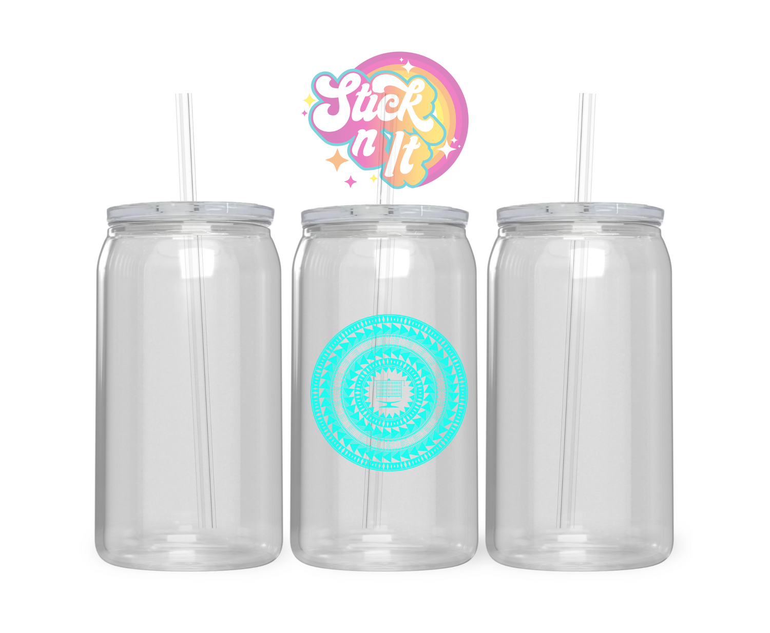 Acrylic cup with straw featuring a round Pacific Islands Tokelau design in aqua