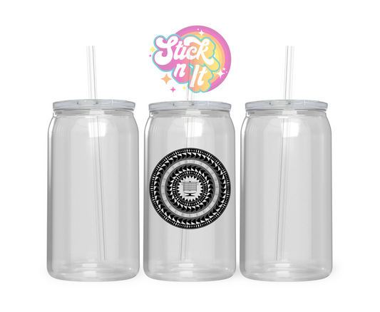 Acrylic cup with straw featuring a round Pacific Islands Tokelau design in black