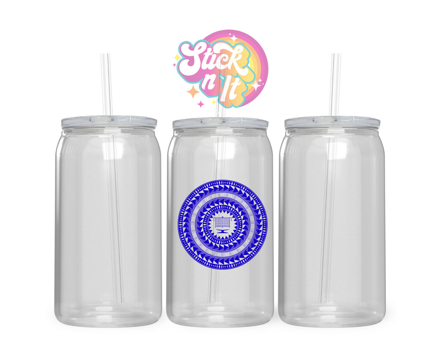 Acrylic cup with straw featuring a round Pacific Islands Tokelau design in blue 