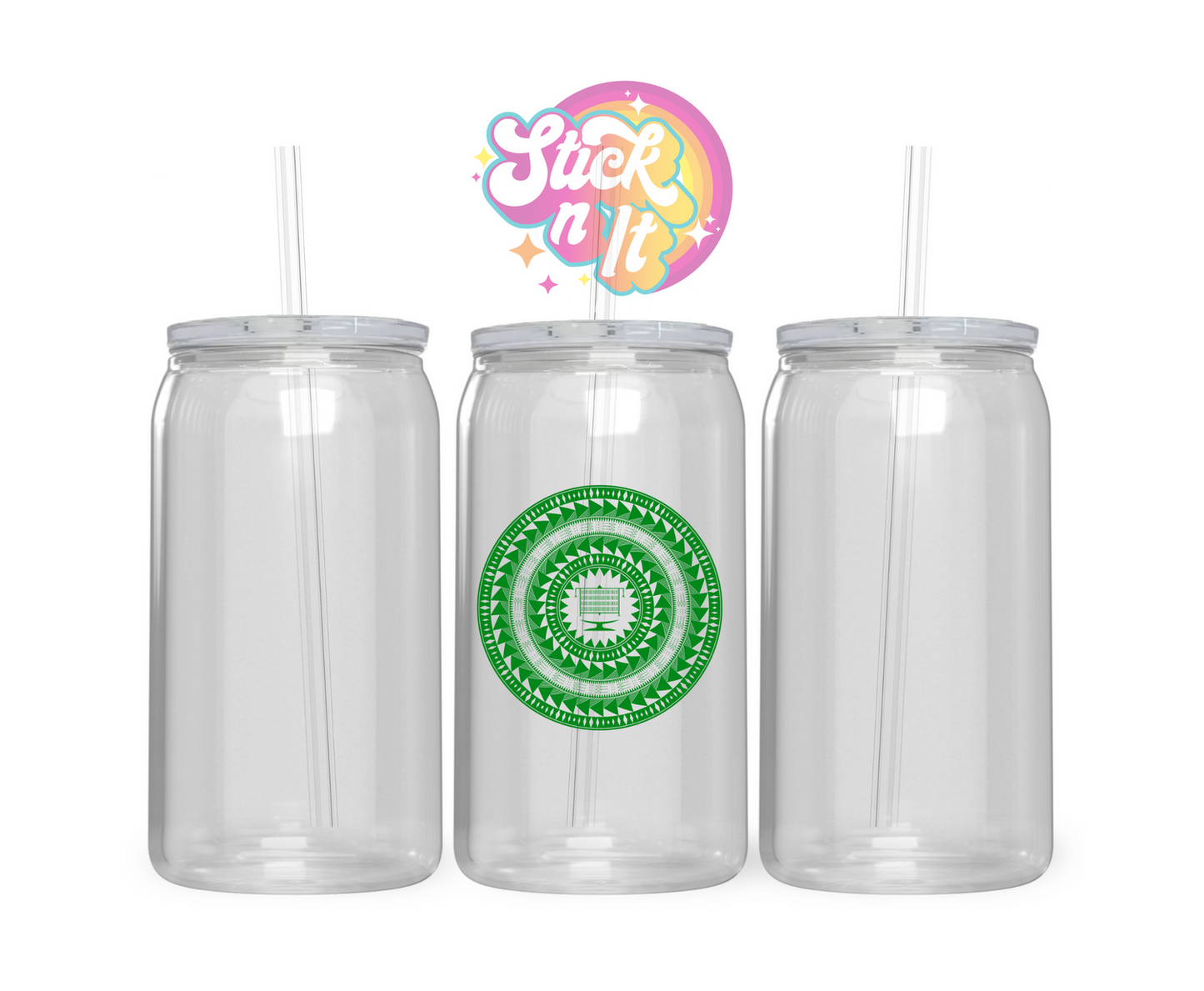 Acrylic cup with straw featuring a round Pacific Islands Tokelau design in green