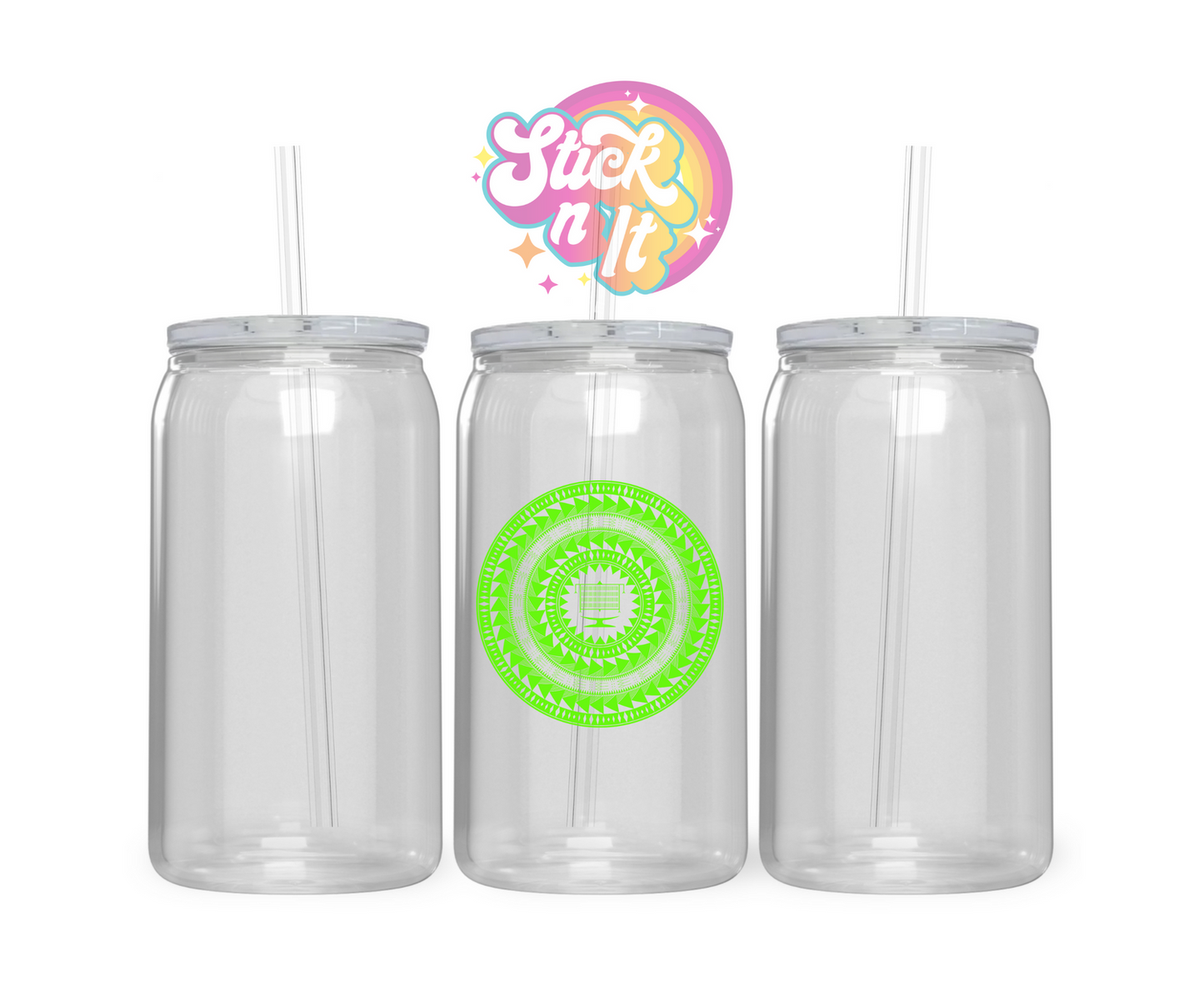 Acrylic cup with straw featuring a round Pacific Islands Tokelau design in lime
