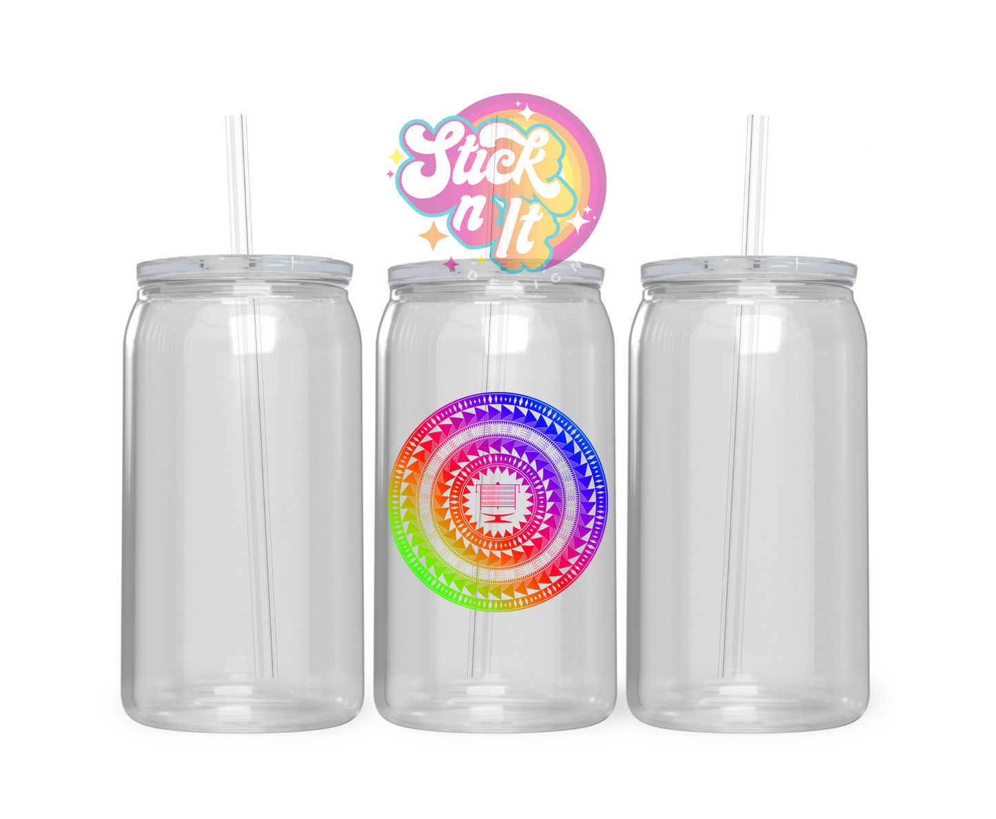 Acrylic cup with straw featuring a round Pacific Islands Tokelau design in neon