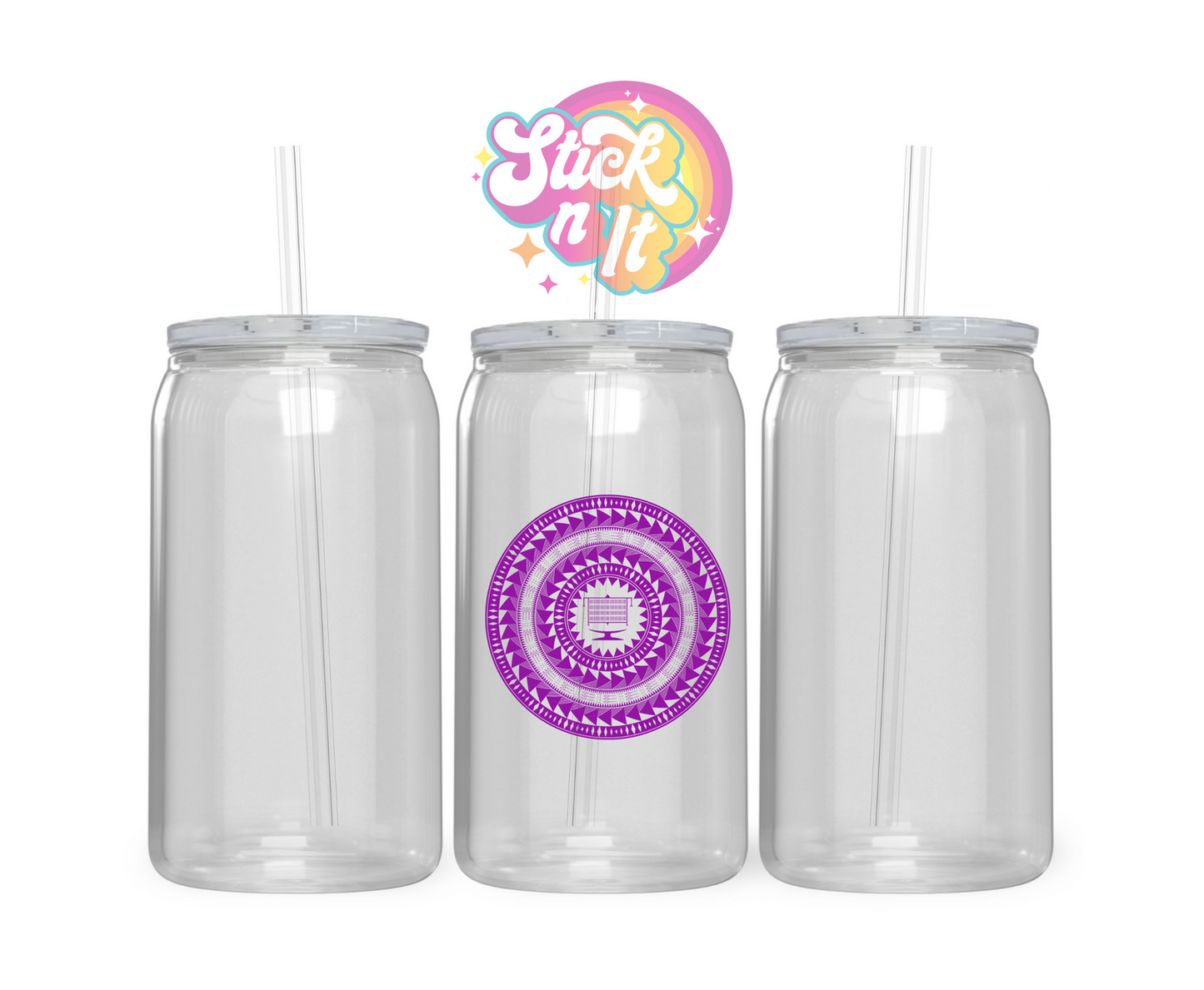 Acrylic cup with straw featuring a round Pacific Islands Tokelau design in purple