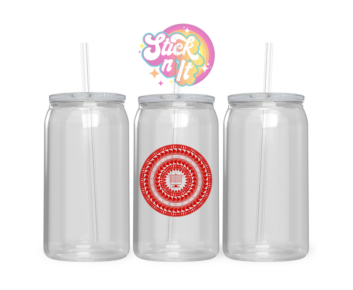 Acrylic cup with straw featuring a round Pacific Islands Tokelau design in red