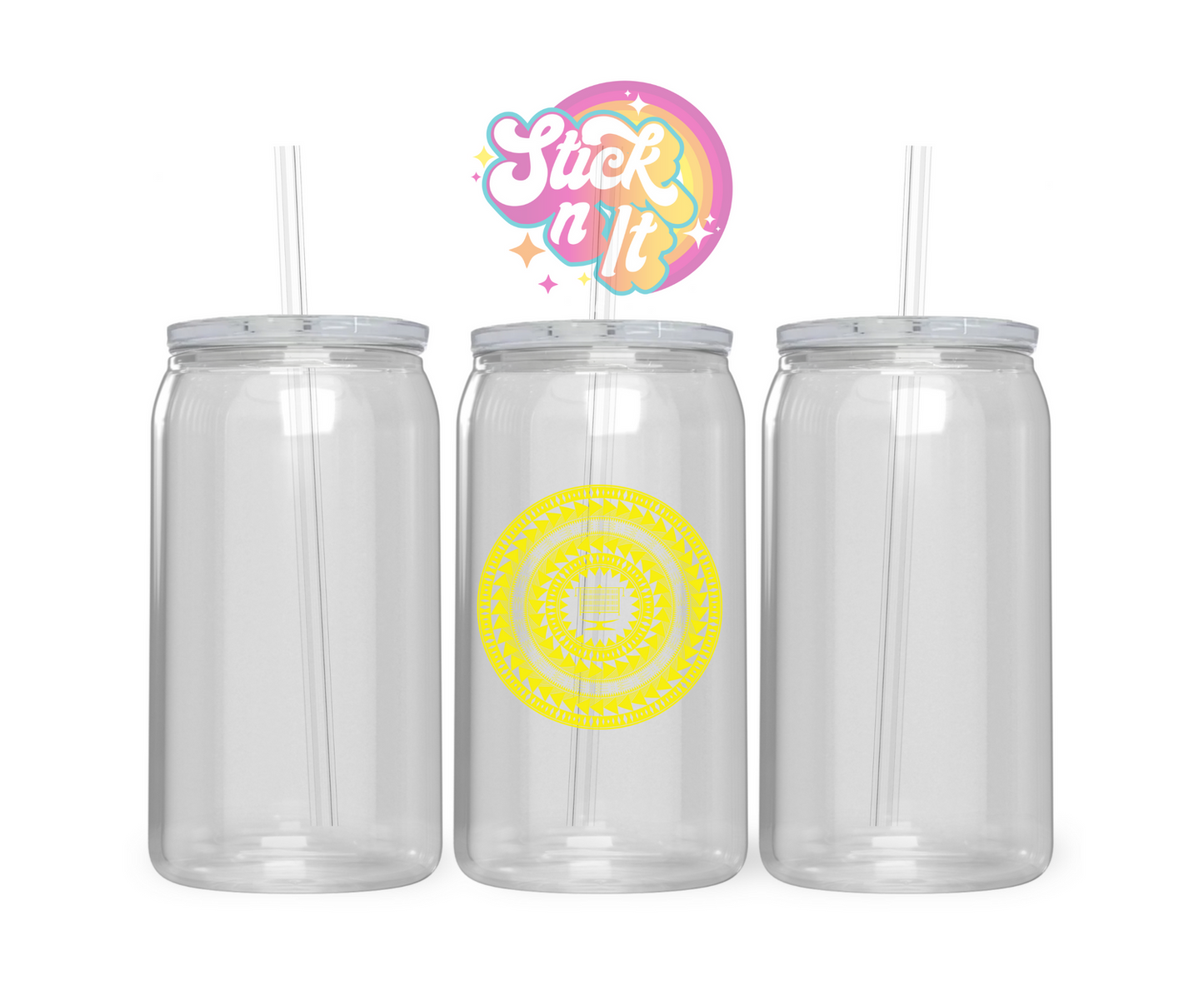 Acrylic cup with straw featuring a round Pacific Islands Tokelau design in yellow