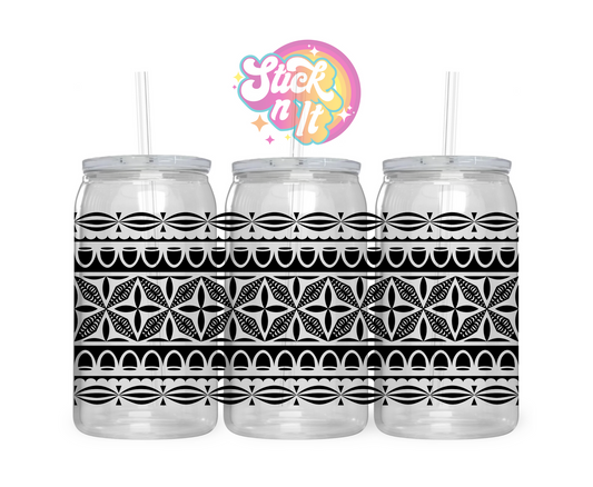 Acrylic cup with straw featuring a Pacific Islands Tongan design in black