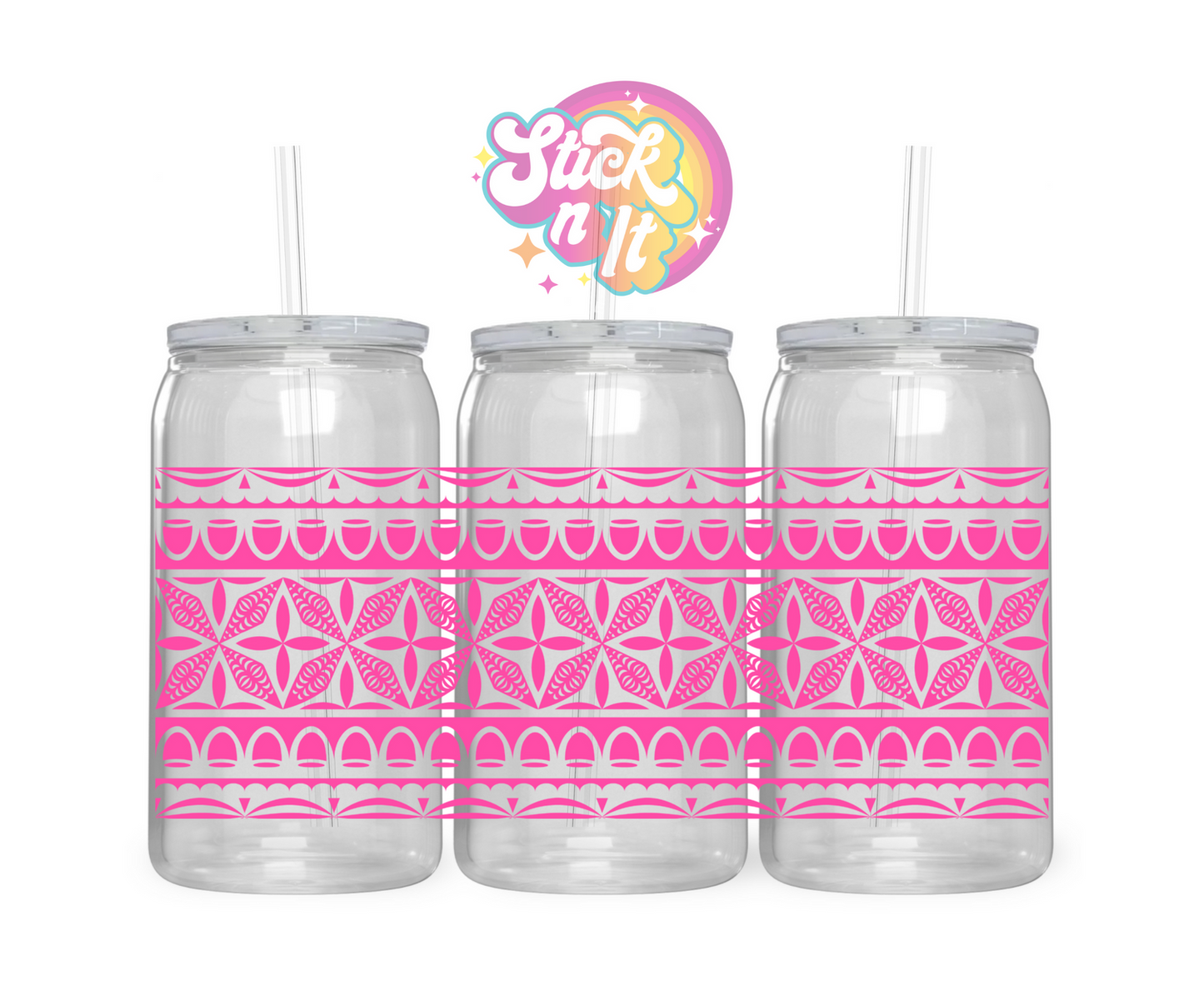 Acrylic cup with straw featuring a Pacific Islands Tongan design in pink