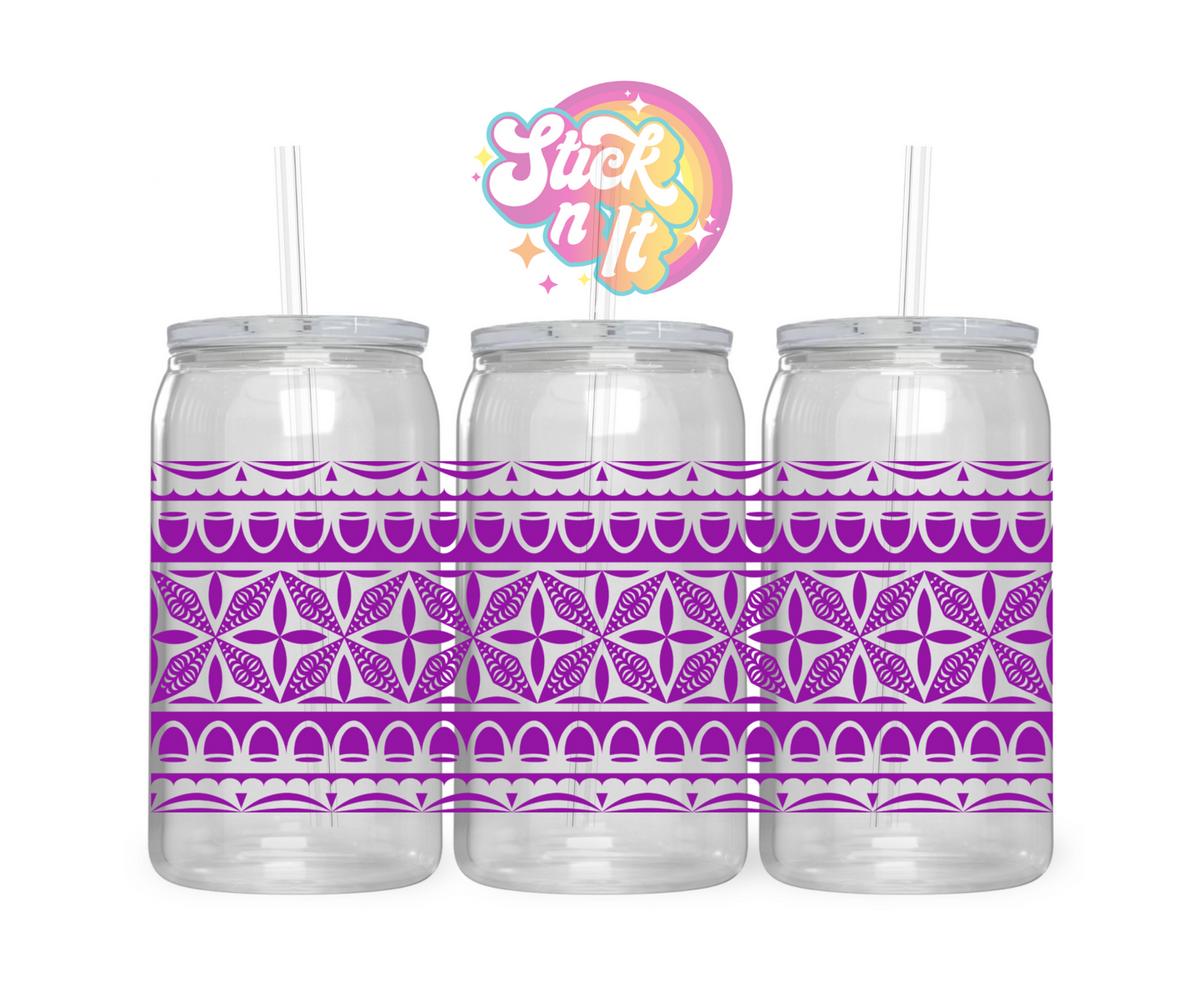 Acrylic cup with straw featuring a Pacific Islands Tongan design in purple