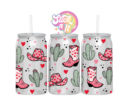 Acrylic cup featuring cacti, cowgirl boots and hats