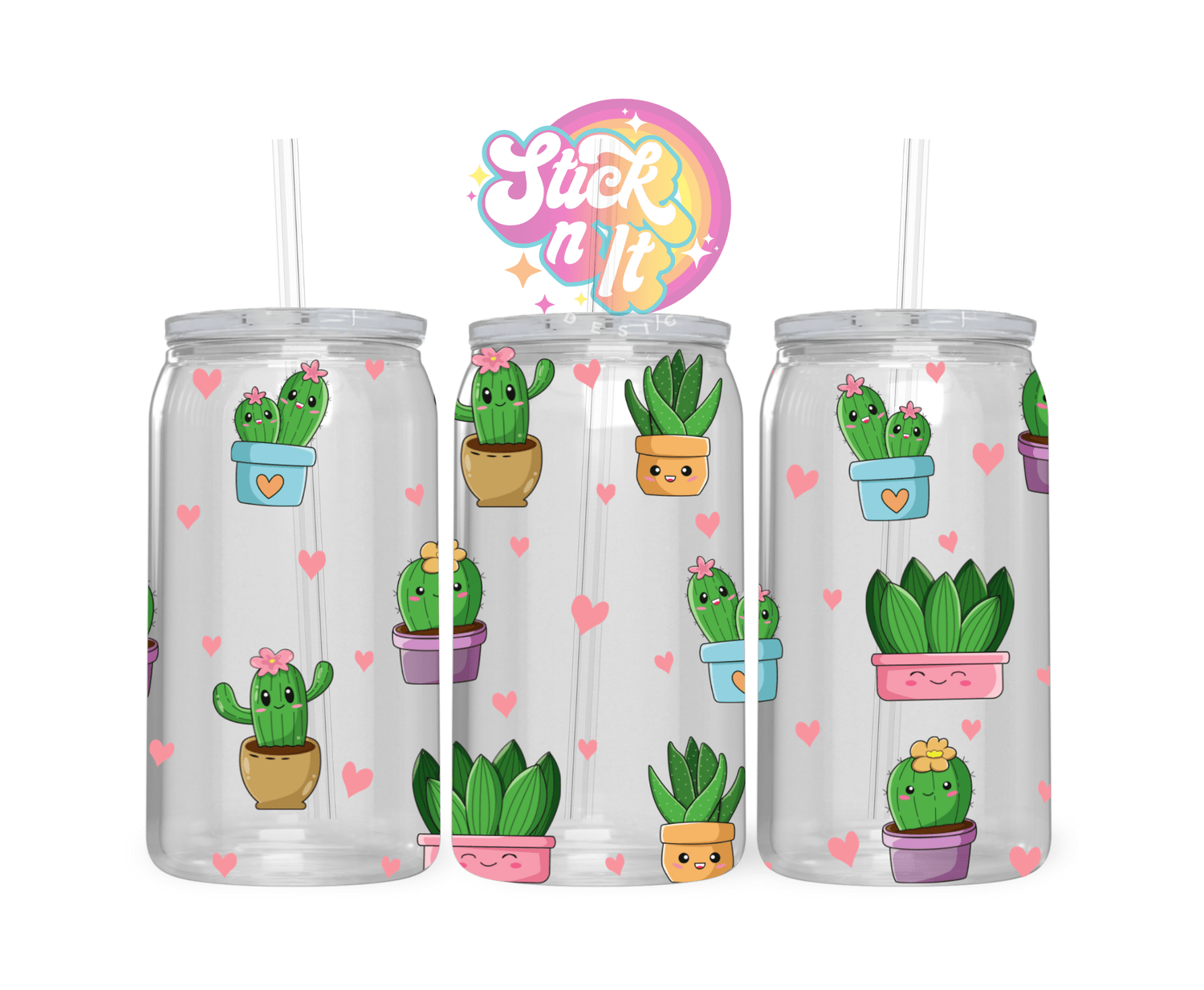 Acrylic cup featuring cute cacti with smiley faces