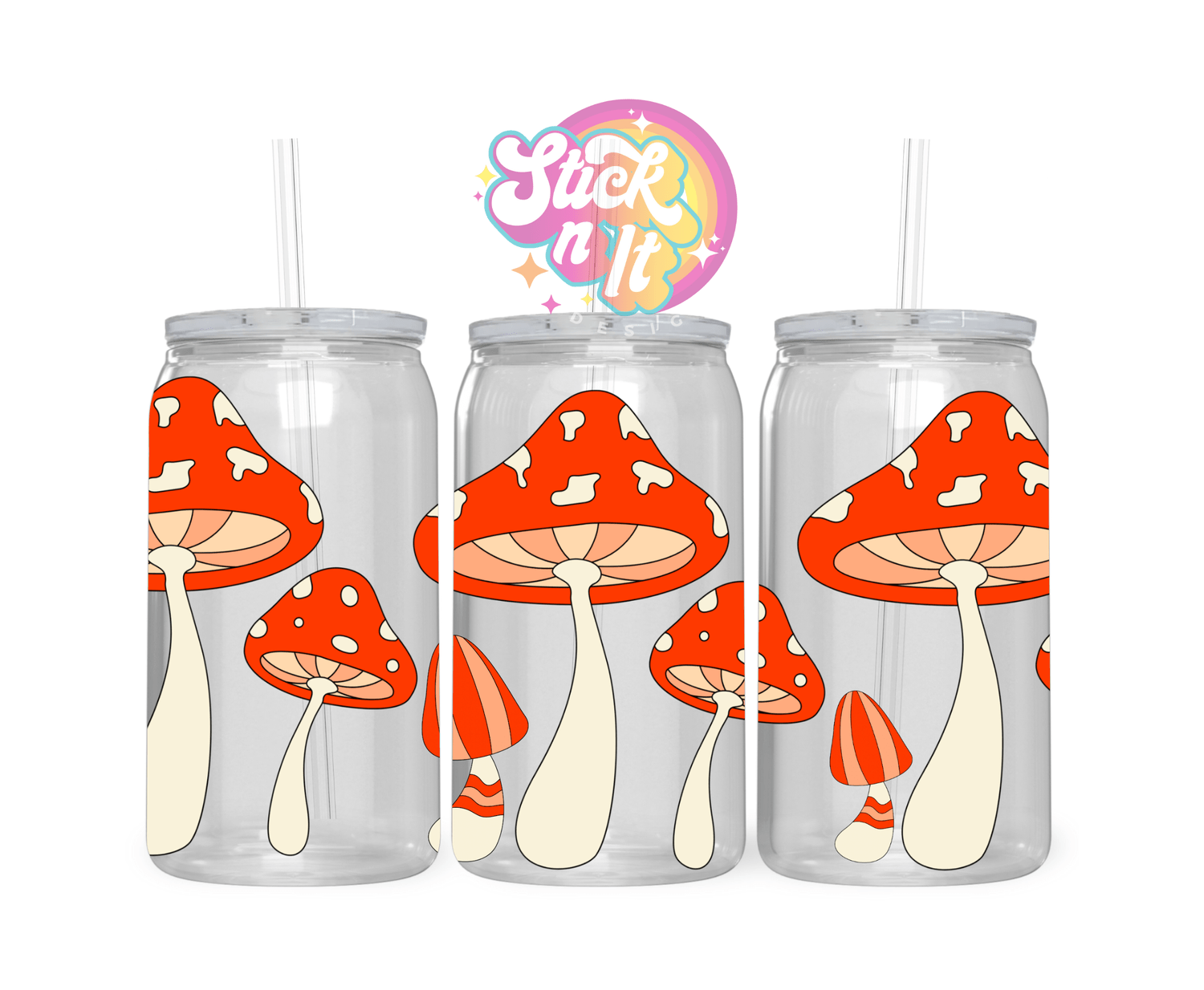 Acrylic cup featuring red and cream mushrooms