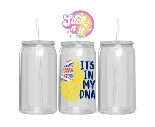 Acrylic cup with watercolour style fingerprint shaped Niue flag with quote It's in my DNA 