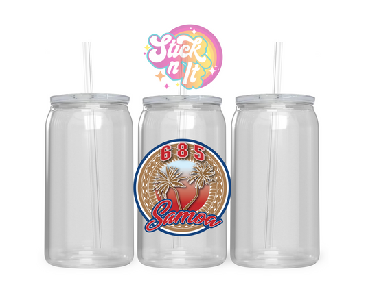 Acrylic cup featuring a round design with coconut trees and Samoa 685