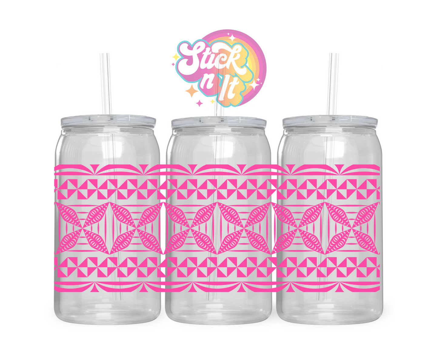 Acrylic cup featuring a Tongan Polynesian design wrap in pink