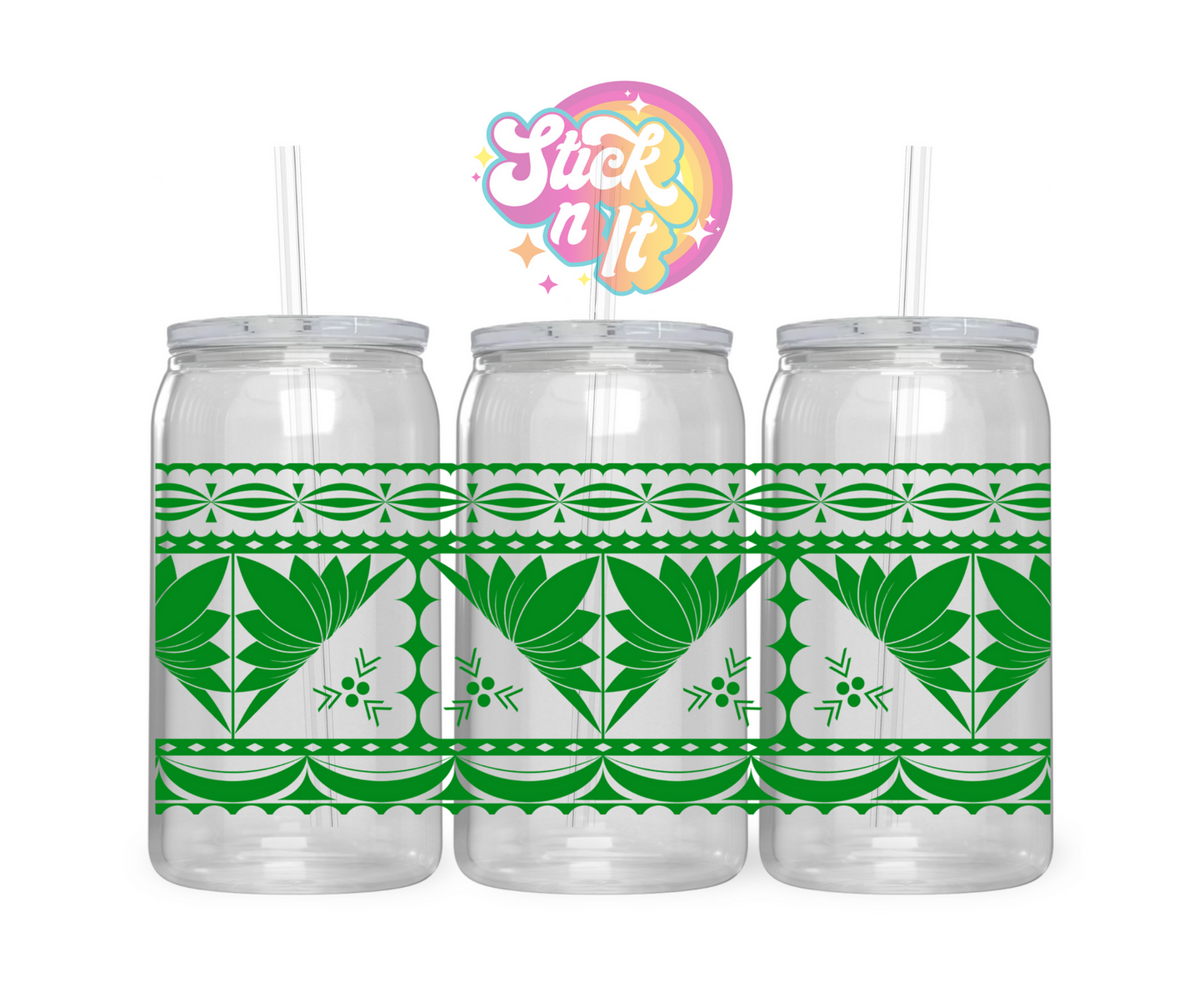 Acrylic cup with straw featuring a Tongan Polynesian design wrap in green