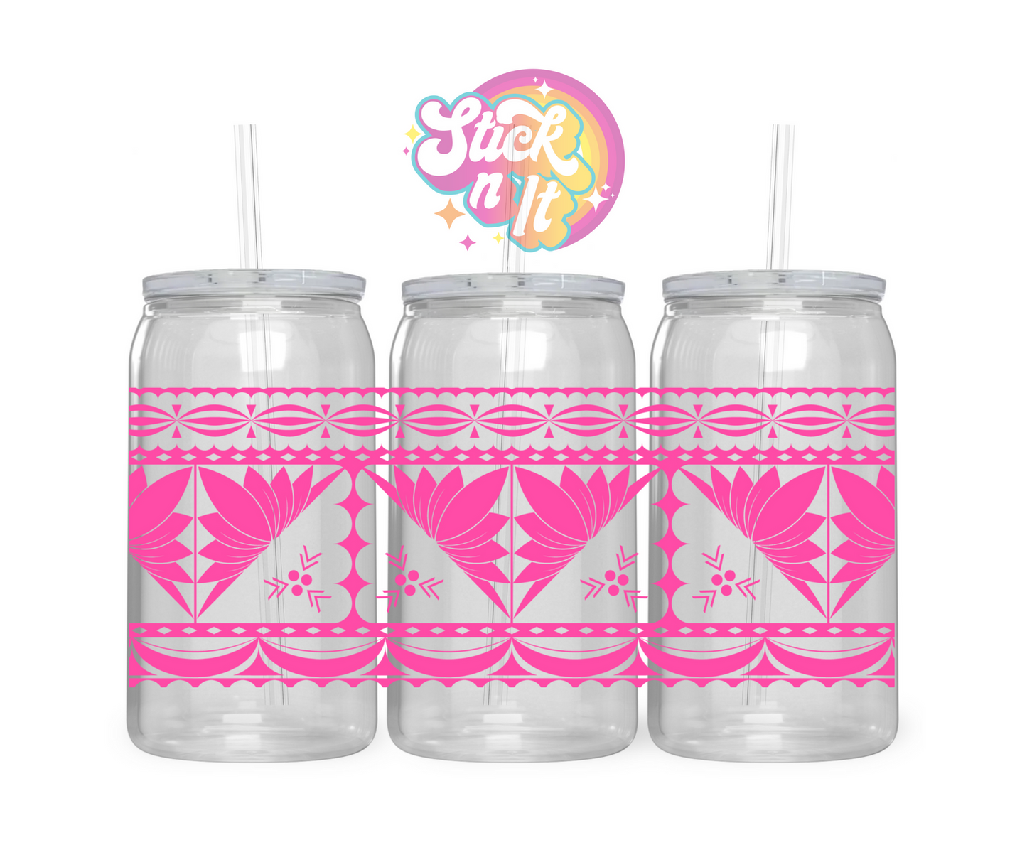 Acrylic cup with straw featuring a Tongan Polynesian design wrap in pink