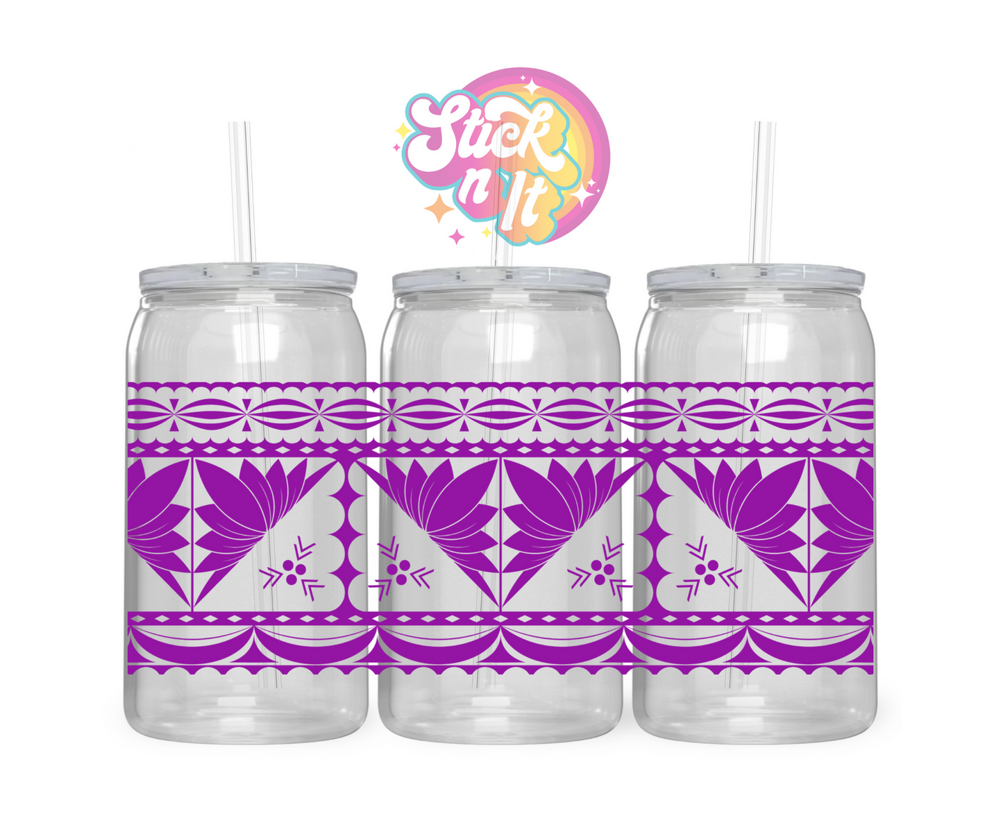Acrylic cup with straw featuring a Tongan Polynesian design wrap in purple
