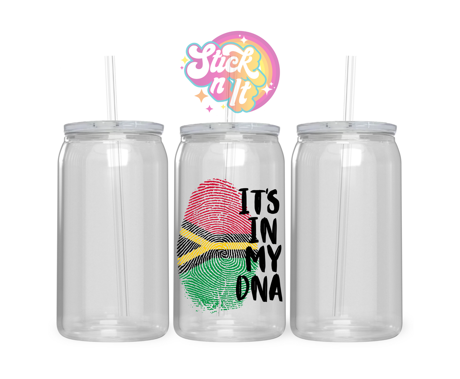 Acrylic cup with watercolour style fingerprint shaped Vanuatu flag with quote It's in my DNA written in black