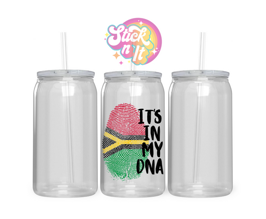 Acrylic cup with watercolour style fingerprint shaped Vanuatu flag with quote It's in my DNA written in black