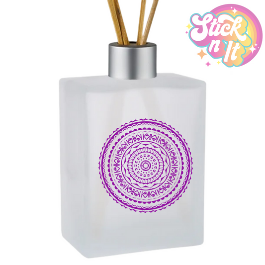 Rectangle glass reed diffuser with reed sticks featuring a Polynesian Samoa design in purple.